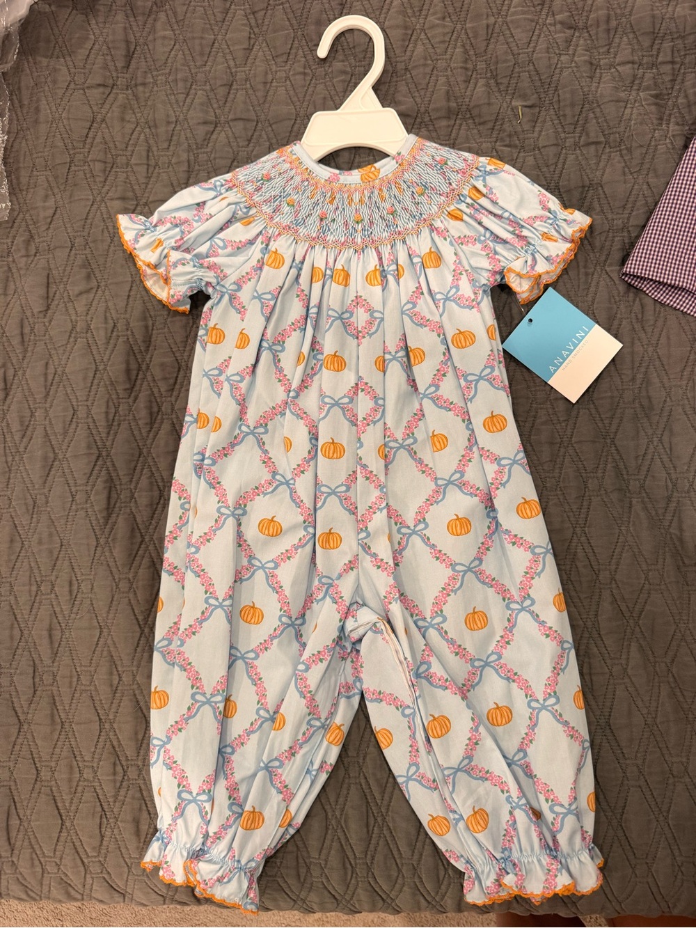 Anavini Smocked Pumpkin Print Baby Romper in Light Blue and Orange